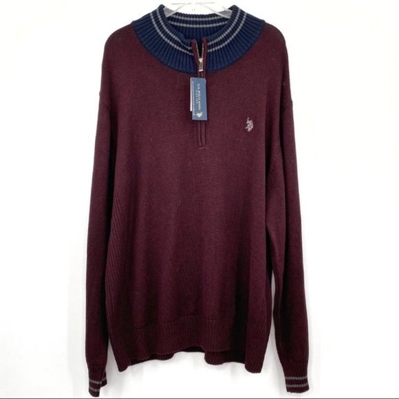 U.S. Polo Assn. Sweater 1/4 Zip Mock Neck Cotton Blend Merlot Sz 2XL NWT - Picture 1 of 9